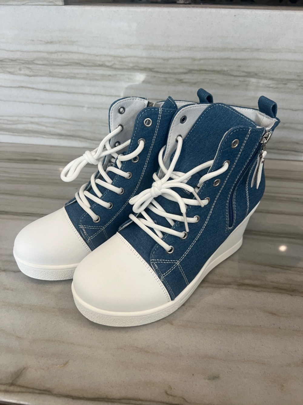 Ladies High-Top Lace-Up Sneakers - Blue and White